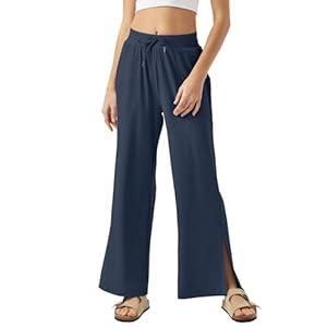 26"/ 28"/ 30" Inseam Womens Wide Leg Sweatpants Petite High Waist Summer Pants UPF50 Lightweight Beach with Pocket Split Leg (L-30", Navy) 
