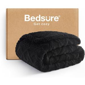 Bedsure Gentlesoft Sherpa Fleece Throw Blanket for Couch - Fluffy & Cozy Cable Jacquard Tufted Throw for Women Gift, Thick and Warm Christmas Blanket for Winter, Black, 50x60 Inches