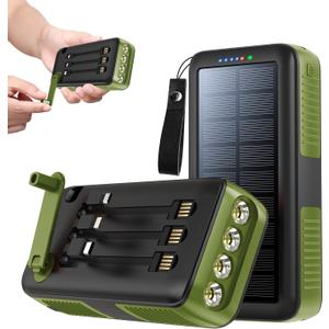 Solar Charger Power Bank 63200mAh, Portable Charger with Dual Outputs & Dual Inputs 4 LEDs Flashlight, Hand Crank Power Bank Fast Charging Battery Pack for Outdoor Camping Survival Gear (army green)