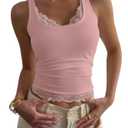 SOLY HUX Lace Camisole Tank Tops for Women Cute Trendy Lace Trim Coquette Going Out Crop Tops for Girls Solid Pink Large (Pink, L)