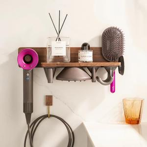 For Dyson Blow Dryer Stand Wall Mount,5 Hole Magnetic Hair Dryer Holder&Organizer For Dyson Supersonic Attachments Storage,Wooden No-Punch