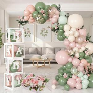 152Pcs Floral Balloon Arch Kit, Girl Baby Shower Decorations with Letters & Boxes, for Baby Shower, Birthday & Gender Reveal Parties (Pink and Sage Green, Multi-Size)