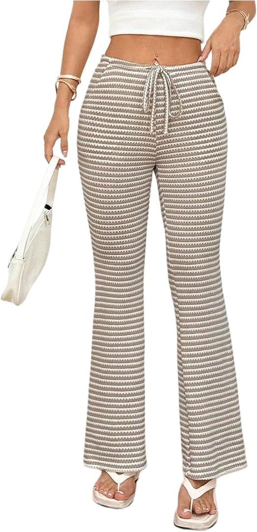 Floerns Women's Casual Striped Pants Bell Leg Tie Front Low Rise Travel Knit Pants, M