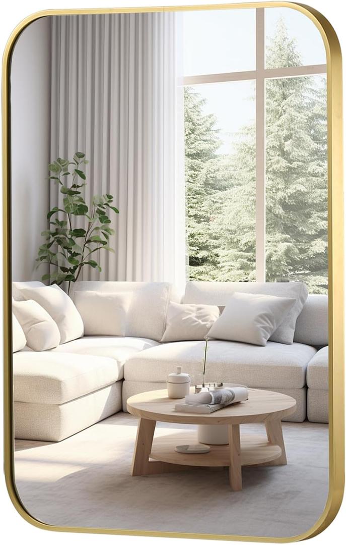 FARMER 22x30 Inch Gold Bathroom Mirror, Rectangle Vanity Mirror, Brushed Mirrors for Wall, Metal Frame Hanging Mirror with Round Corner for Bedrooms, Entryways, Living Rooms, Horizontal/Vertical