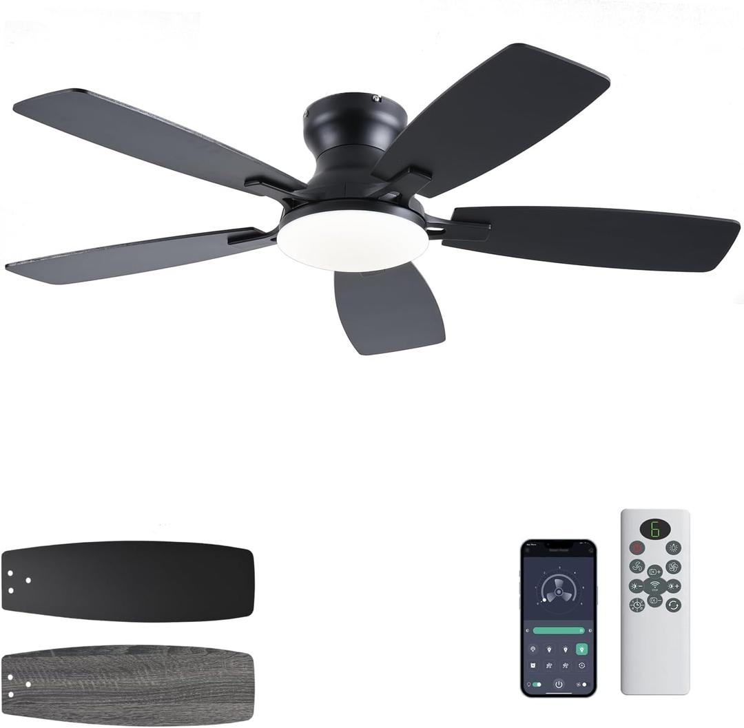 Ceiling Fans with Lights, 42 Inch Low Profile Ceiling Fan with Light and Remote Control, Flush Mount, DC Reversible Motor, Noiseless, Black 6 Speeds Ceiling Fan for Bedroom