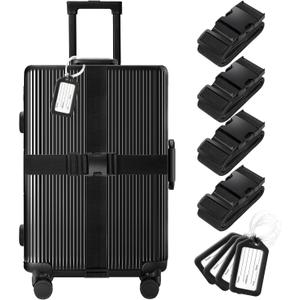 8 Pack Luggage Straps and Tags Set (4 Straps, 4 Tags), Luggage Straps for Suitcases TSA Approved Suitcase Belt Luggage Tags, Black