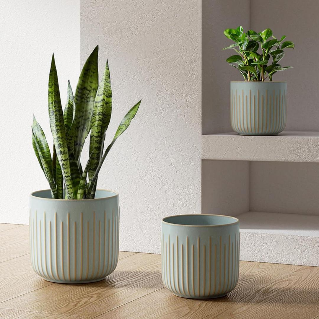 LE TAUCI Fluted Ceramic Planters Set of 3  8.3/7 / 5.7 in Blue Gray Reactive Cylinder Indoor Plant Pots with Drainage Plug & Mesh, Glossy Stoneware Flower Pots for Succulents Herbs