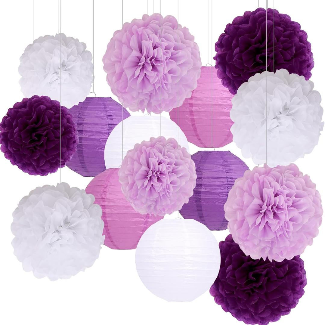Purple Birthday Party Decorations Paper Lanterns and Pom Poms 15pcs Set for Baby Shower Wedding Bachelorette Valentines Day Graduation, Hanging Ceiling and Room Decor