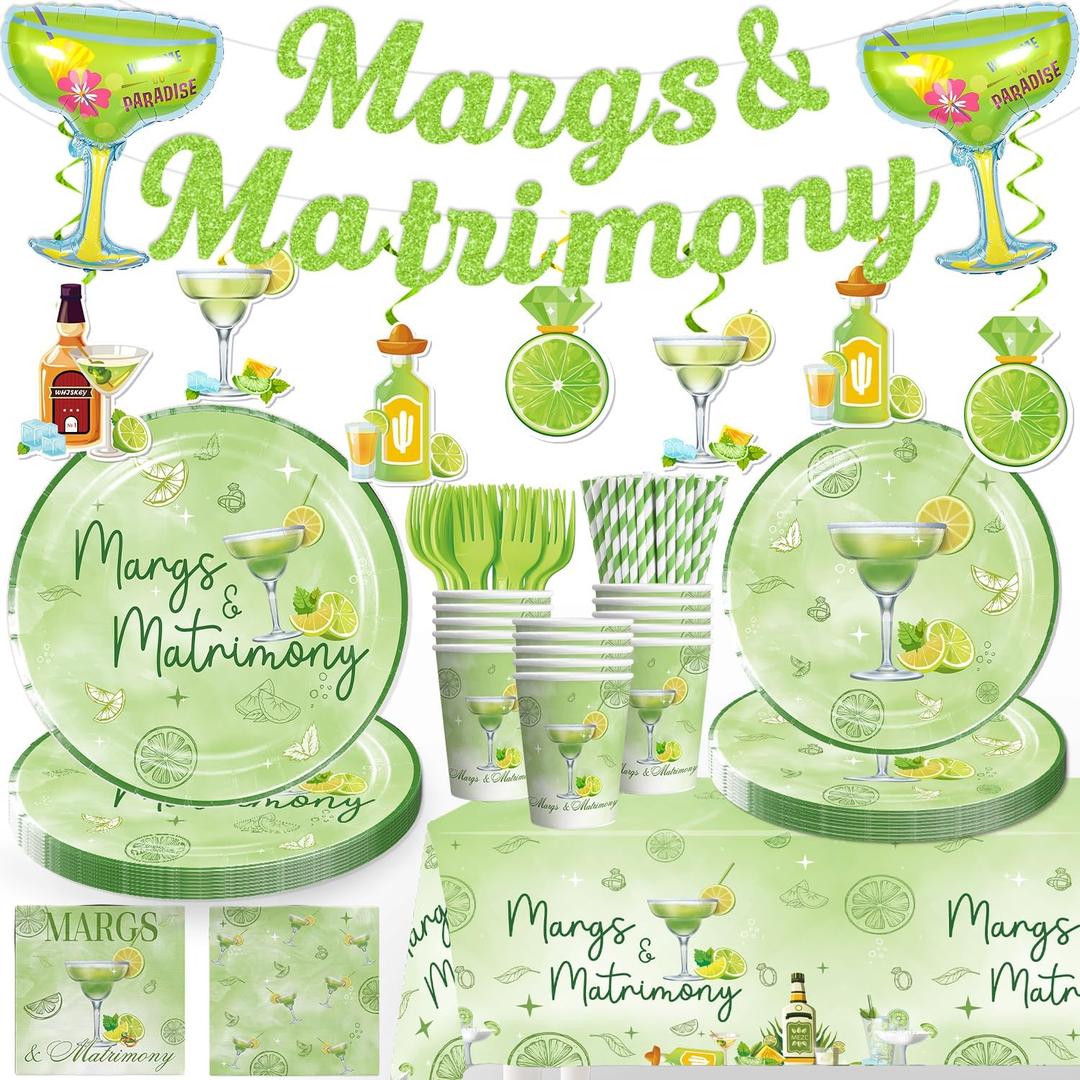171pcs Margs and Matrimony Bachelorette Tableware Set, Margarita Party Decorations Include Margs and Matrimony Banner 50 Thickened Plates 2 Tablecloths for margarita party
