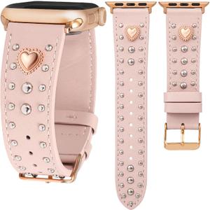 Wearlizer Leather Band Compatible with Apple Watch Bands Women 42/46/38/40/41/44/45/49mm, Dressy Fancy Designer Pretty Heart Charms Studded Strap for iWatch Series 11 10 9 8 7 6 5 4 SE/Ultra 3 2 1 (Pink/Rose Gold Buckle)