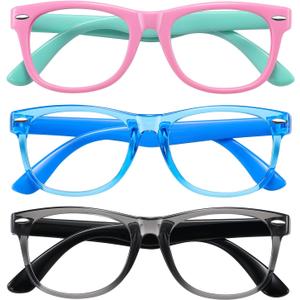 Okany Blue Light Glasses for Kids 3 Pack Blue Light Blocking Glasses for Teen Boys Girls Age 3-10,Computer Screen Gaming TV Phone Glasses Anti Glare,UV & Eye Strain (Grey Black+Pink Green+Blue)