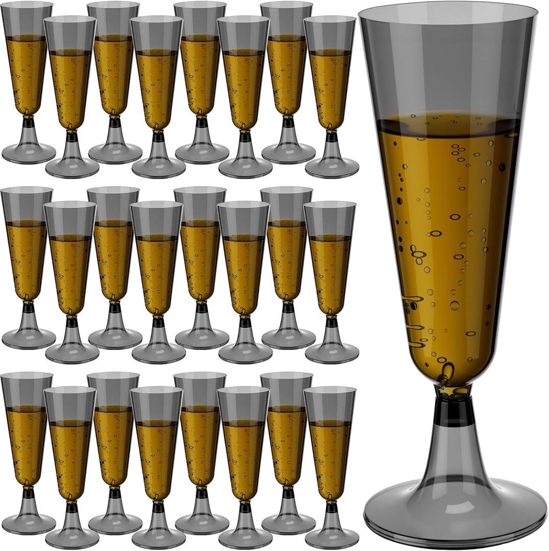 Meanplan 150 Pcs Black Champagne Flutes Disposable Bulk 5 oz Clear Toasting Glasses Plastic Champagne Glasses High Stem Cocktail Cup for Wedding Birthday Anniversary Party Halloween