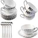 Gold Rimmed Ceramic Coffee Mug with Saucer Cappuccino Mug, 6 oz, for Coffee, Latte, Tea, Set of 6 (silver, Medium)