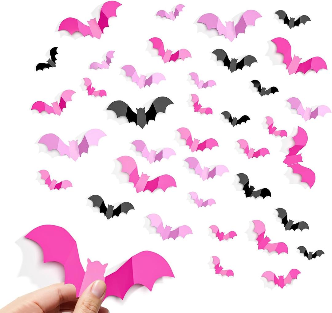 2 x Pink Halloween Decor, Spooky Halloween Party Supplies Stickers, 3D Bats Wall Decal, Cute Halloween Decorations Indoor for Bedroom, Bathroom, Home, Door, Window, Office
