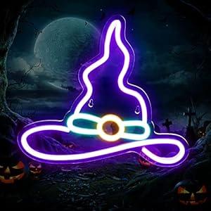 Halloween Witch Neon Sign - IMEGINA Dimmable Wizard Hat Neon Signs for Wall Decor 13.3x11.8 Inch, USB Powered LED Neon Light for Bedroom Party Decor Kids Game Room Bar, Purple