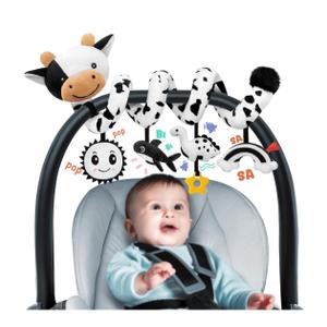 Spiral Car Seat Baby Toys 0-6 Months, Infant Carseat High Contrast Sensory Toys Hanging Stroller Accessories, Newborn Shower Gifts for Baby Boys Essentials Stuff, Cute Black and White Cow