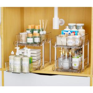 Yieach 2 Pack 2 Tier Under The Sink Organizer With Track,9.8 Inch Tall Bathroom Cabinet Organizer,Clear Under Sink Pull Out organizer for Kitchen,Vanity,Counter,Vanity,Medicine,Makeup,Hair Products