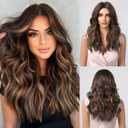HAIRCUBE Long Dark Brown with Highlights Wigs for Women Synthetic Curly Wavy Hair Wig for Daily