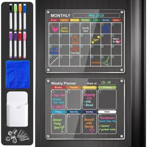 2-Pack Premium Acrylic Magnetic Calendar for Fridge - Clear Dry Erase Board for Refrigerator (16"x12" Monthly & 13"x9" Weekly Planner) Includes 8 Vibrant Markers & Eraser, Ultra Strong N52 Magnets