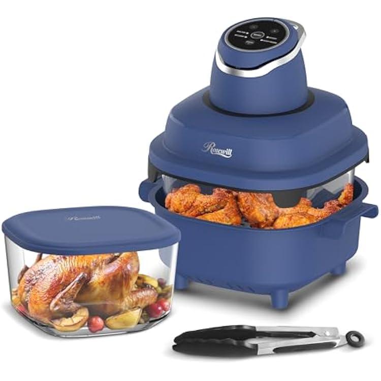 Rosewill Portable Glass Air Fryer, 4-in-1, 4.7 Quart Transparent Glass Cooker with Storage Lid and Tongs, Intelligent Compact for Deep Roasting, Recrisp