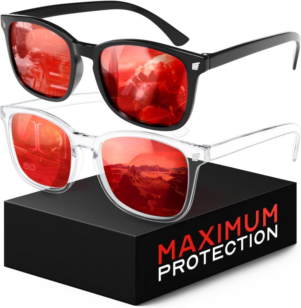 livho Blocking Gaming Glasses Blue Green Light for Computer Sleeping, Dual Coatings Red Lenses, for Women & Men (*B1 Light Black+clear)