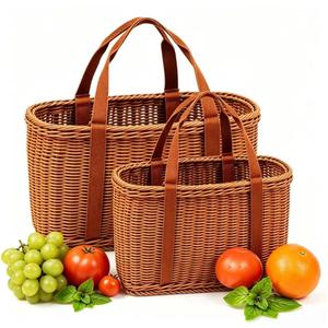 Shopping Wicker Basket with Handles, Handwoven Picnic Basket, Portable Storage Decor for Kitchen, Home, Outdoor and Farmers Market (M)