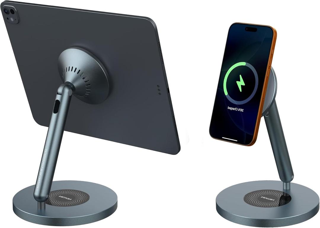 Nillkin Magnetic iPad Stand for Desk, MagSafe Wireless iPhone Charger Stand, 360 Rotating Base, Adjustable Aluminum Tablet Holder for Work, Office, Home, Kitchen Use