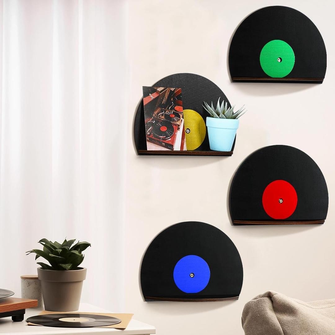 4 Pcs Vinyl Record Wall Decor Music Art Themed Wall Storage Shelf Blank Record Shaped Hanging Sign Aesthetic Music Theme Home Decoration for Room Bedroom Party Decor(Classic,Wooden)