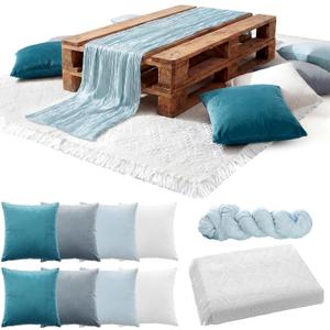 Moukeren 10 Pcs 71''x102'' Extra Large White Outdoor Boho Picnic Blanket with Table Runner 8 Blue Throw Pillow Cover Oversized Washable Portable Beach Blanket for Valentine Picnic Camp Lawn Wedding