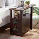HDDDZSW Farmhouse XXL End Table with Charging Station, Narrow Side Table with USB Ports and Outlets, Nightstand with 2 Drawers Storage, Bedside Tables for Living Room, Bedroom, Rustic Cherry, 24.8 X 23.6 X 13.78 Inches