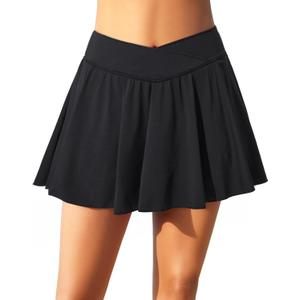 Zmart High Waisted Swim Skirt - Women V Cross Bathing Suit Pleated Skorts Bottom with Boxer Liner & Pockets (Medium, Black)