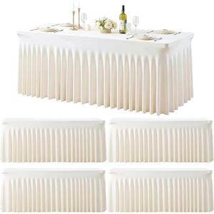 4 Pack 8ft Ivory Spandex Table Cloths for Rectangle Tables Wrinkle Free Ivory Rectangle Tablecloths, Stretch Fitted Table Cover with Skirt for Wedding Birthday Party Banquet Baby Shower Buffet Event