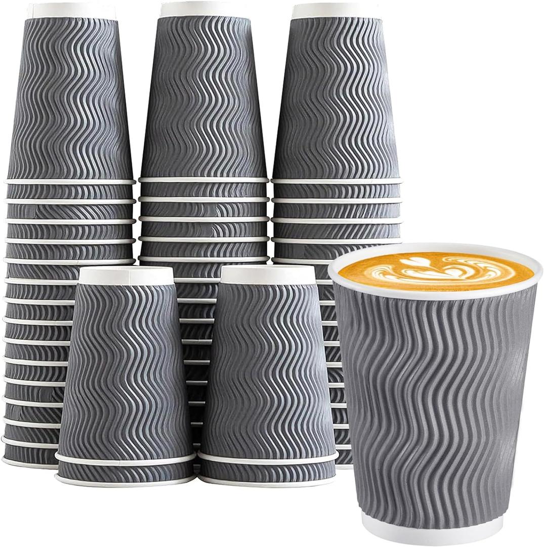 Lamosi 12 oz Insulated Coffee Cups Disposable - 50 Count Grey Paper Coffee Cups No Lids 12oz, Corrugated Ripple Wall Design for Hot Cold Drinks (Gray)