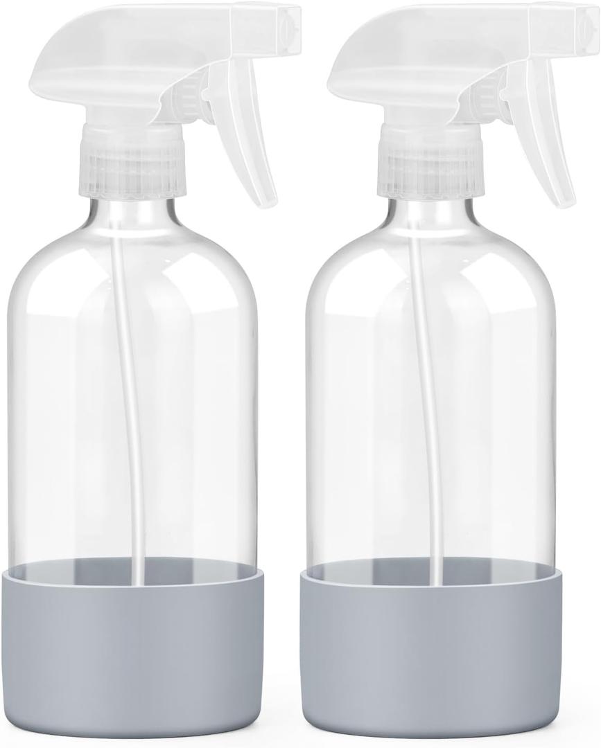 2 Pack Glass Spray Bottles with Silicone Sleeve, 16 oz Empty Refillable Containers with Adjustable Spray Nozzles, Spray Bottles for Hair, Cleaning Solutions and Plants (Grey)