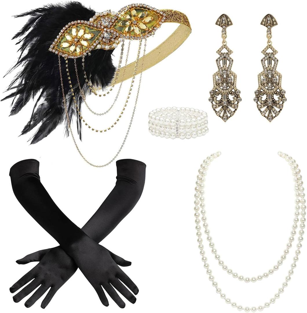 BABEYOND 1920s Accessories for Women - Flapper Headpiece Feather Great Gatsby Accessories for Women Pearl Necklace Gloves (Black Gold)