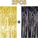 2PCS 3' X 8' Black and Gold Metallic Tinsel Foil Fringe Curtain Backdrop for 2023 New Years Eve, Halloween Party, Graduation Decoration