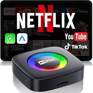 Wireless Carplay Adapter for iPhone & Android Auto Ai Box with Netflix YouTube Supports TF Card Dongle Plug and Play Easy Setup Carplay Video Entertainment for iOS 10+ and Cars After 2015 Car