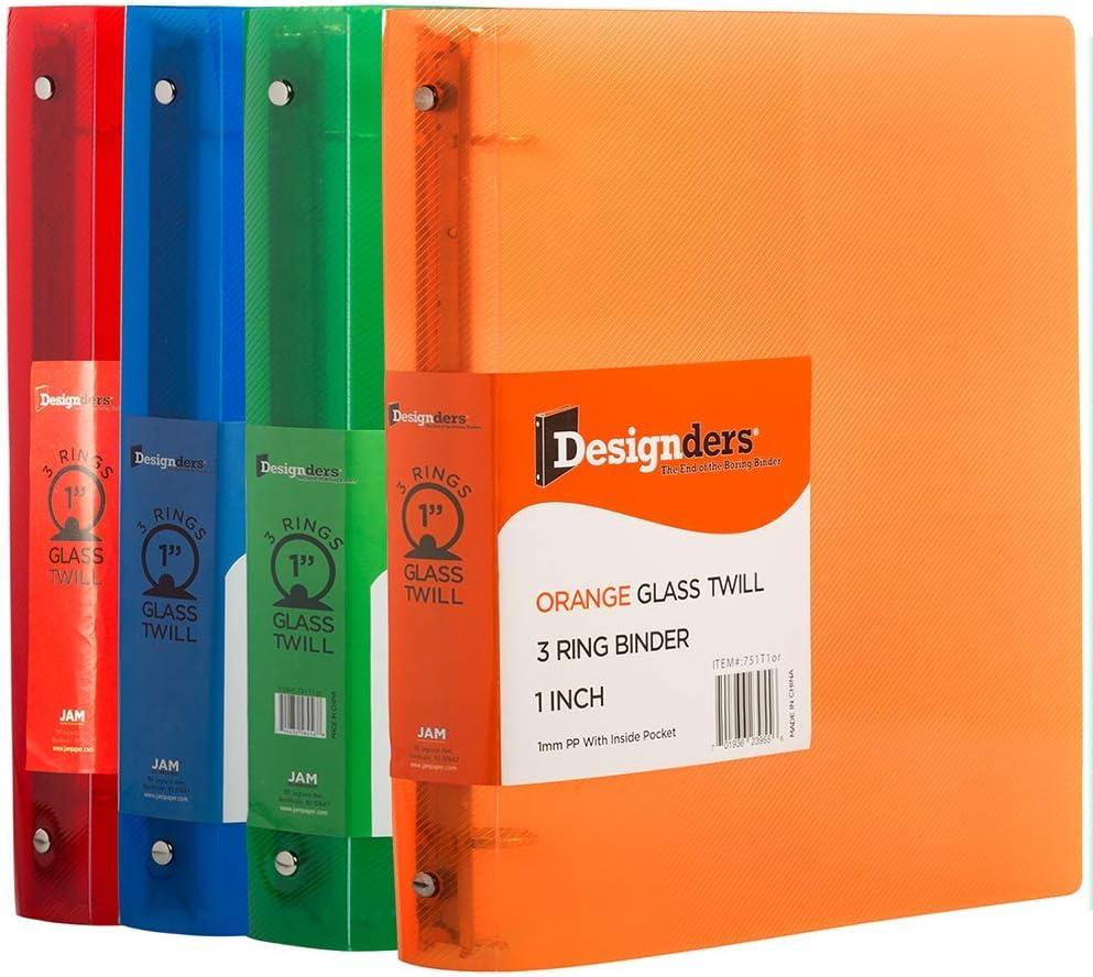 JAM PAPER Plastic 1 inch Binders - Assorted 3 Ring Binders (Red, Blue, Green & Orange) - 4/Pack