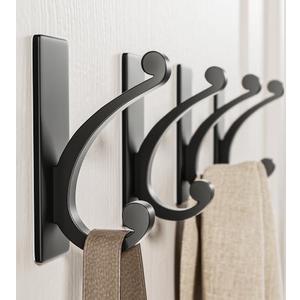 jockcaras Adhesive Wall Hook for Towel/Coat - Extra Sticky 10LB Stainless, Stick on Hanger for Bath or Shower, Matt Black 4-Pack