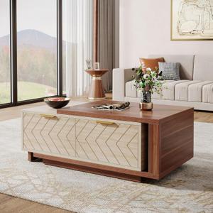 Tribesigns Extendable Coffee Table with 2 Storage Drawers, Dual-Tone Center Table with Sliding Tabletop, Multi-Functional Hidden Storage Wooden Rectangle Cocktail Table for Living Room (Walnut & Oak)
