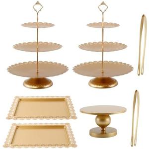 GMWD Set of 7 Gold Cake Stand Desserts Display Table Pedestals 3-Tiered Cupcakes Holder Serving Tray Decorative Weddings Birthdays Party Baby Showers Celebrations