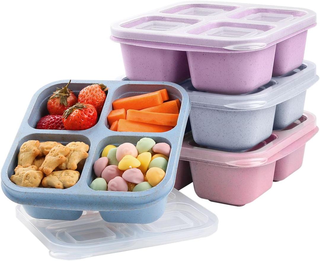 Snack Containers (4 Pack), 4 Compartments Snackle Box Container, Meal Prep Reusable Lunchable Container for Adults, Microwave Dishwasher Safe, Stackable Bento Snack Boxes for Work, Travel
