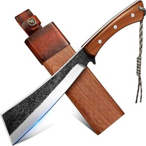 Japanese Style High Carbon Steel Machete with Red Sandalwood Ergonomic Full Tang Handle and Wood-Leather Sheath, for Camping, Hiking, Yard Work, and Survival, for Men Women
