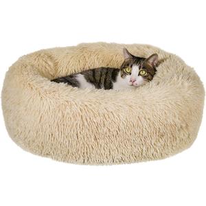 Calming Cat Bed - Anti Anxiety Round Fluffy Plush Faux Fur, Washable 23 inches Small Dog & Cat Bed (Beige)