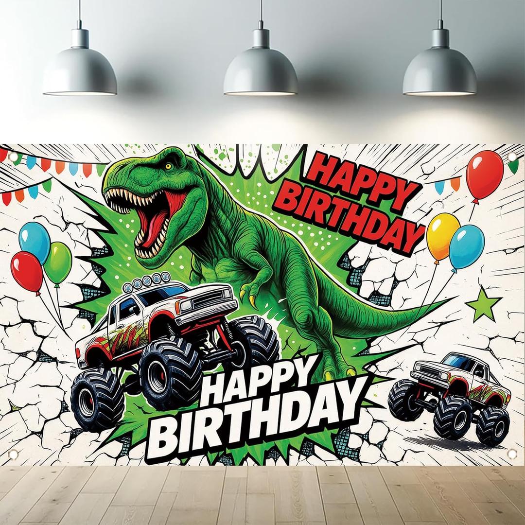 Dinosaur Monster Truck Happy Birthday Backdrop Banner Kids Birthday Party Decorations Photography Background Boys Party Supplies Photo Booth 71x43 Inch