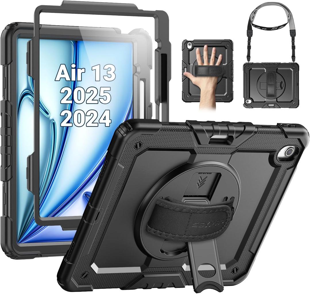 SEYMAC for iPad Air 13 Inch Case M3 2025/ M2 2024, Heavy Duty Shockproof Protective Case with Screen Protector, 360 Rotating Stand, Hand/Shoulder Strap and Pen Holder for iPad Air 13, Black