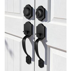 Moquin Double Door Handle Set for Front Door, Classic Double Front Door Lock Set with Dummy, Reversible Handle Lever for Entrance Exterior Doors, Matte Black