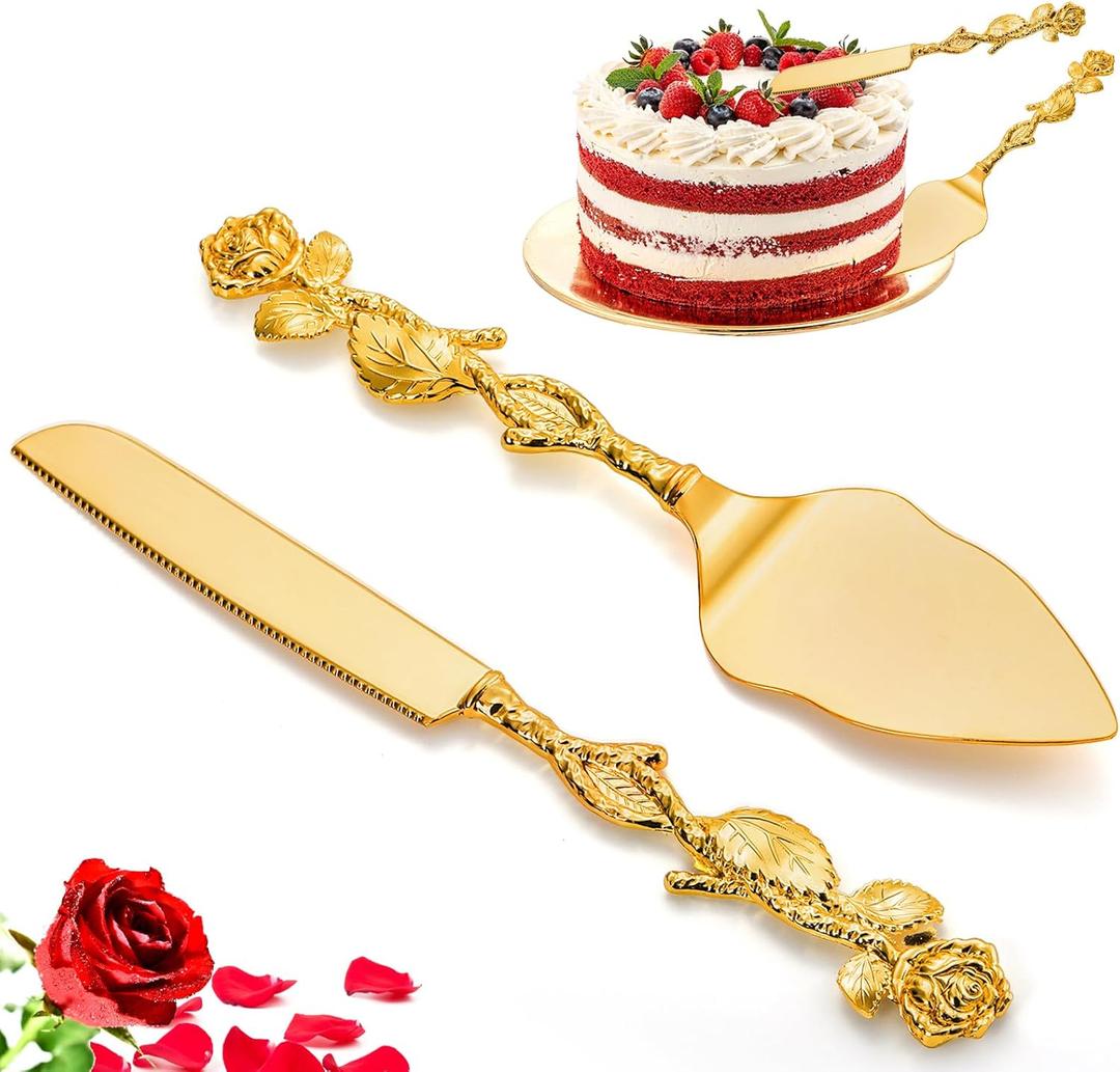 Wedding Cake Knife and Server Set, Gold Cake Cutting Set for Wedding, Vintage Rose Wedding Cake Cutter and Server for Birthday, Party, Anniversary, Cake, Pie, Pizza