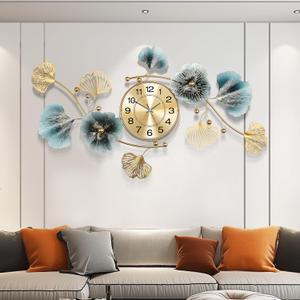 Wall Clocks for Living Room Decor,Large Wall Clock,3D Creative Metal Ginkgo Leaf Design,with Silent Movement Wall Clocks for Home Wall Decor Clock47"x23" (Blue Gold Color)