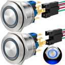 2Pcs Latching Push Button Switch 22mm 7/8" 110V-120V SPDT On Off Switch Waterproof IP67 Stainless Steel 304 with Wire UL Certification (Blue, Latching,110V)